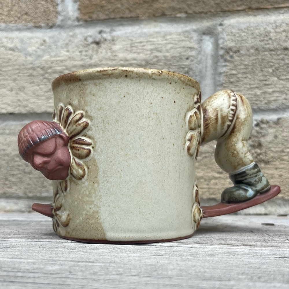 VTG Whimsical Skiier Stuck Through Snow 3D Figure Stoneware Coffee Mug